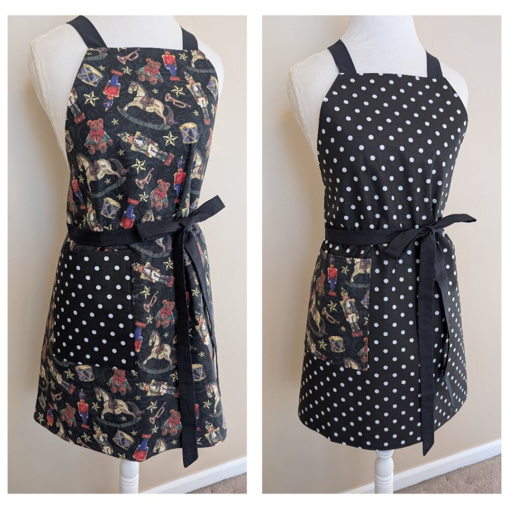 NWT Handmade Reversible Apron - Christmas ornaments and dots - One Size - OOAK